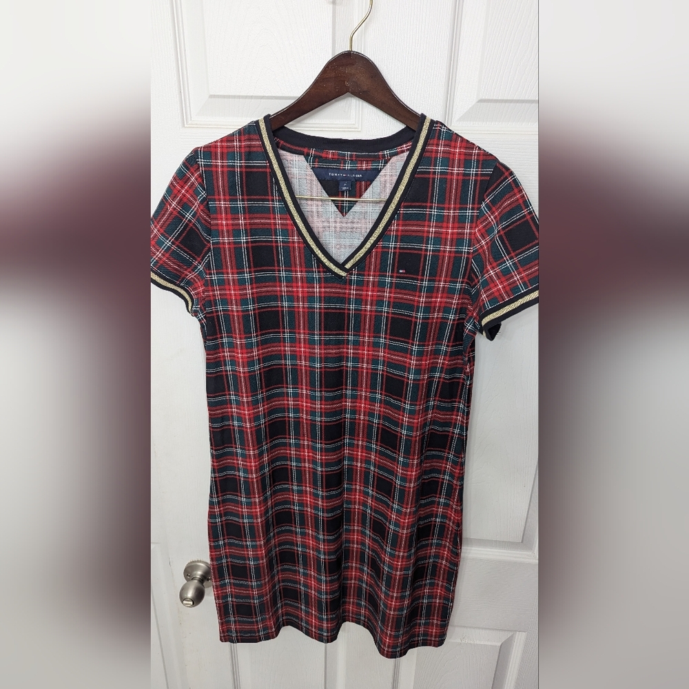 Tommy Hilfiger Plaid Metallic-Trim V-Neck Dress